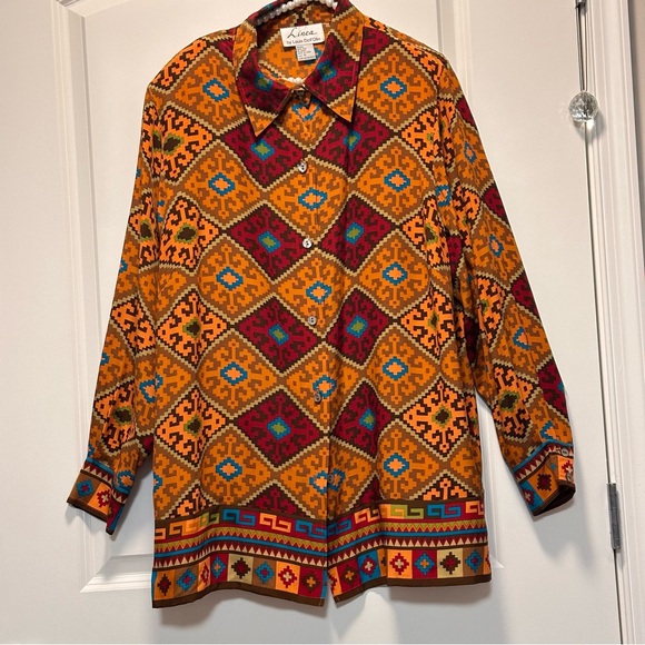 Linea by Louis Dell'Olio Tops - VTG Linea Louis Dell’Olio Tunic 100% Silk 1X Multicolor Geometric Western Boho
